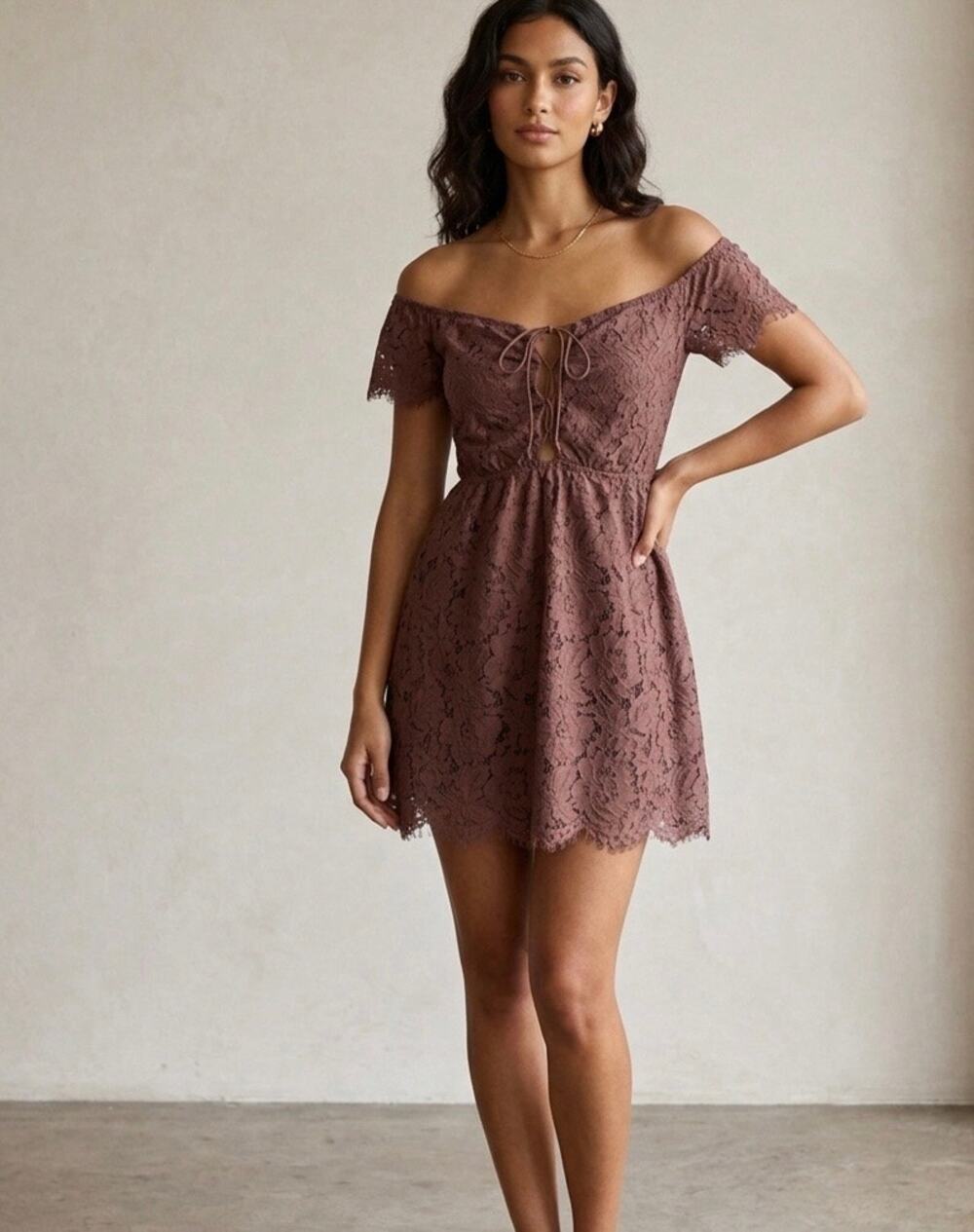TOBI Mauve Lace Mini Dress Off the Shoulder Eyelet Cutout cross cross coquette